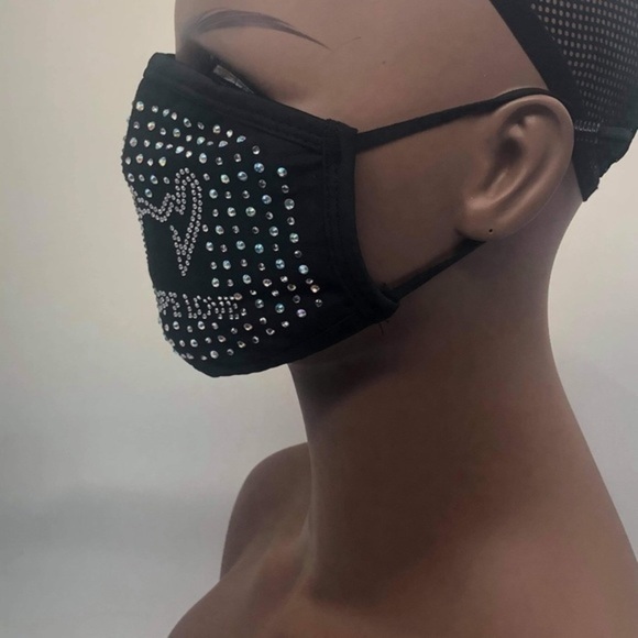 Fashion Rhinestone Bling Face Mask Faith Hope & Love Quote Adjustable & Washable - Picture 2 of 4